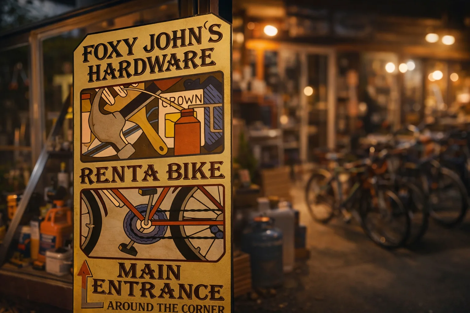 Foxy John's Hardware and Rent a Bike sign with bicycles